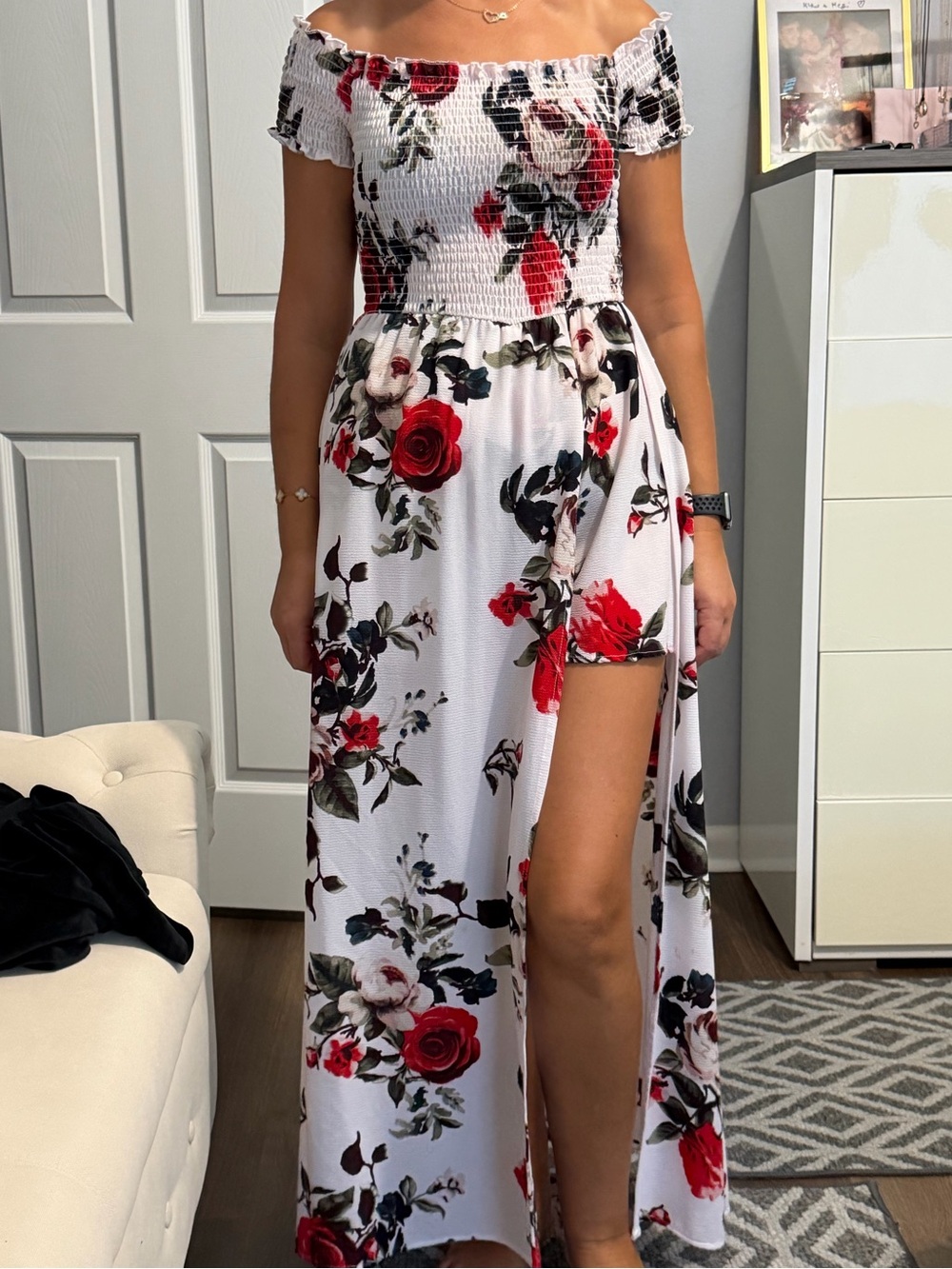Off-Shoulder White Floral Maxi Dress with Side Slit